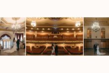 romantic wedding couple portrait in a theatre
