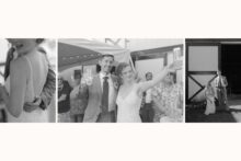 Bride and groom laughing and raising a glass with their guests.