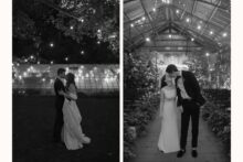 romantic wedding couple portrait photographed at night under stringlights