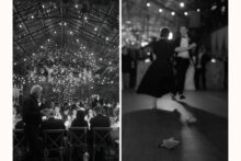 Mother of the groom kicking off her shoes to dance with her son.