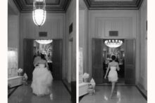 bride entering the ballroom at the DAC in her two different looks.