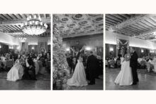 Bride and groom toasting guests in a ballroom decorated for Christmas