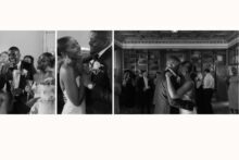 Bride and groom laugh in reaction to speech.