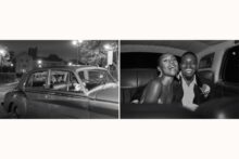 Bride and groom exit their reception and get into a vintage car.