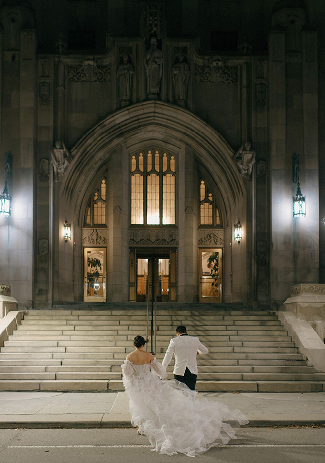 Bride and groom running