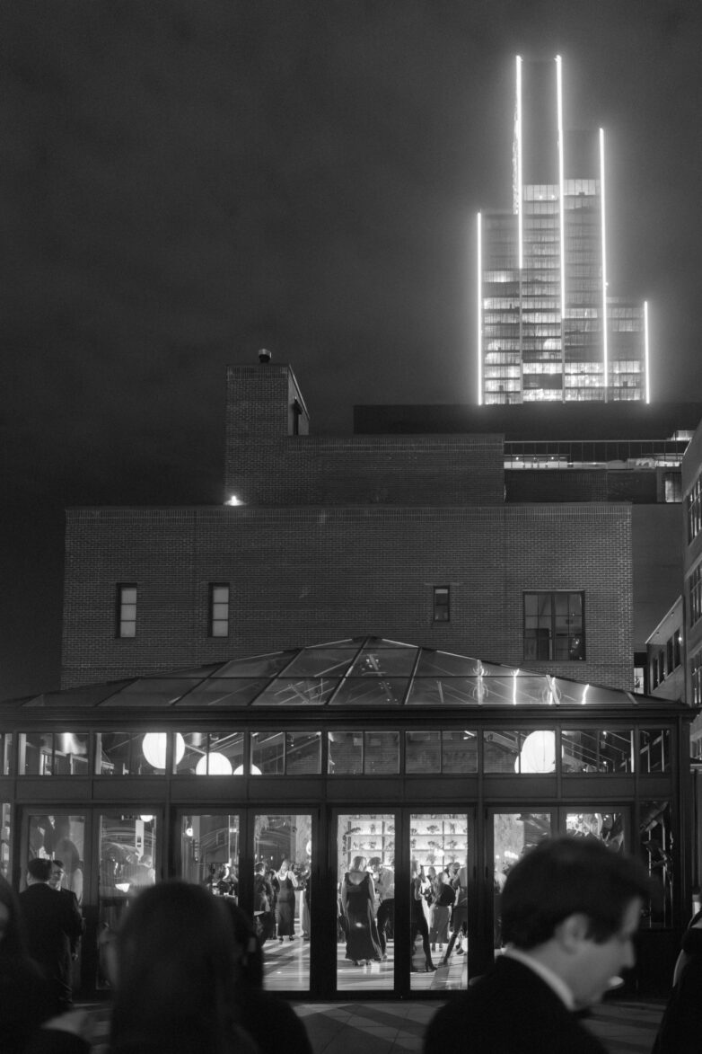The Detroit skyline at night from the terrace at the Shinola Hotel