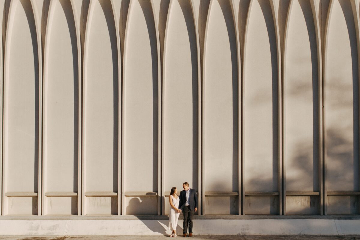 Engagement portrait on the campus of Wayne state in downtown Detroit